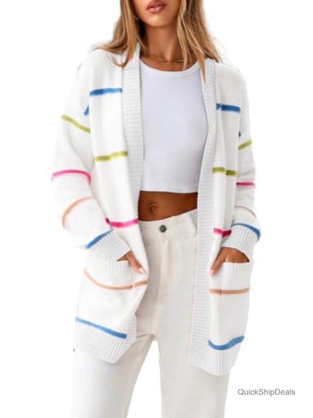 Open Front Striped Cardigan Lightweight Long Sleeve Casual Loose Fit Pockets